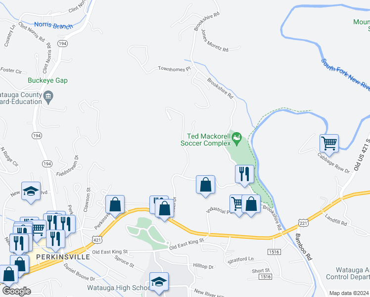 map of restaurants, bars, coffee shops, grocery stores, and more near 190 Eli Hartley Drive in Boone