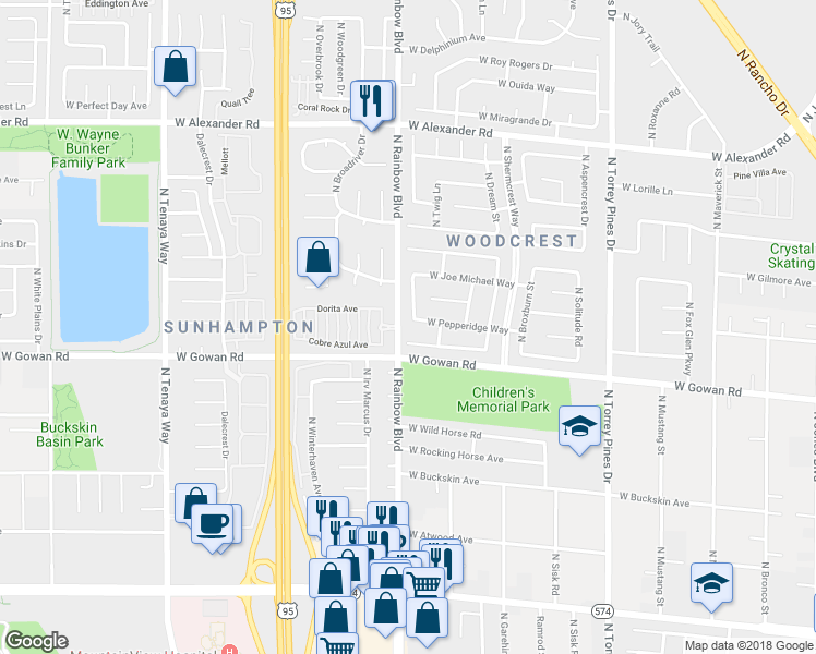 map of restaurants, bars, coffee shops, grocery stores, and more near 6657 West Pepperidge Way in Las Vegas