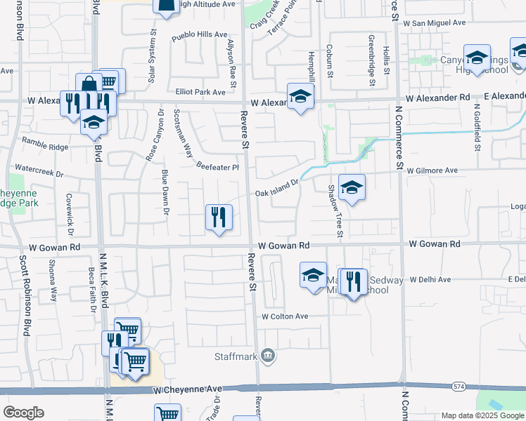 map of restaurants, bars, coffee shops, grocery stores, and more near 3650 Russian Olive Street in North Las Vegas