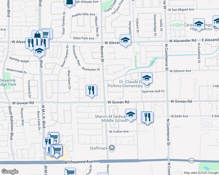 map of restaurants, bars, coffee shops, grocery stores, and more near 3650 Russian Olive Street in North Las Vegas