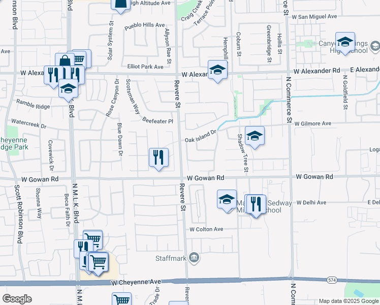 map of restaurants, bars, coffee shops, grocery stores, and more near 3650 Russian Olive Street in North Las Vegas