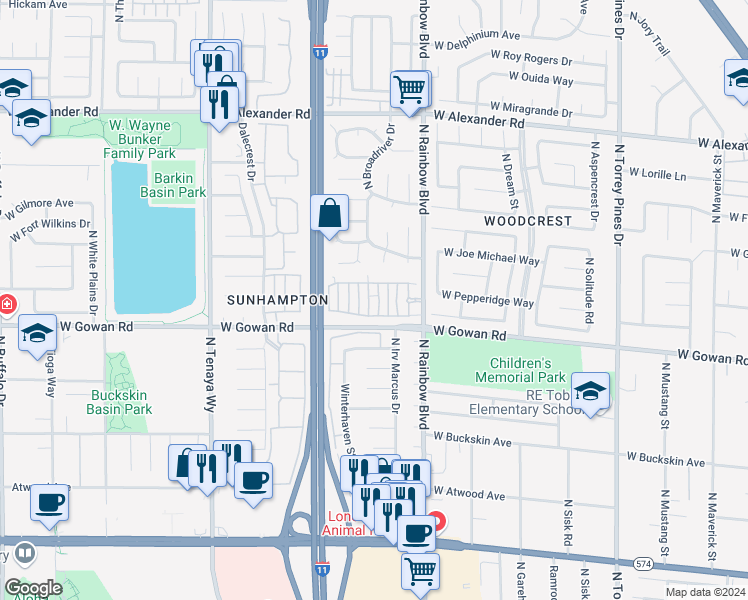 map of restaurants, bars, coffee shops, grocery stores, and more near 3605 Pintadas Street in Las Vegas