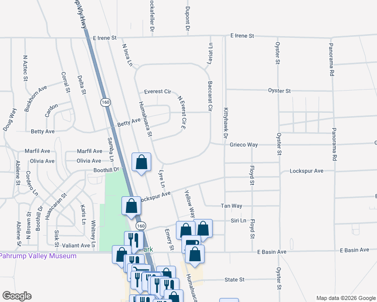 map of restaurants, bars, coffee shops, grocery stores, and more near 1350 Baccarat Circle in Pahrump