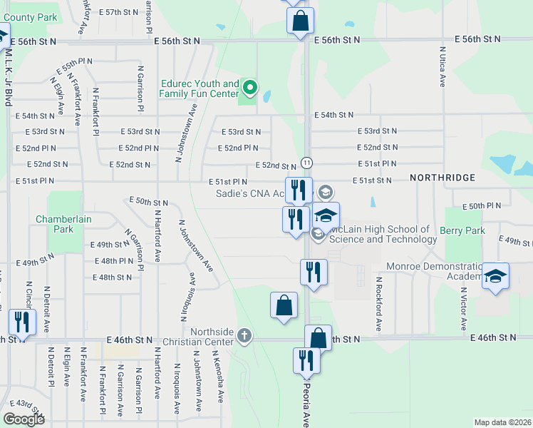 map of restaurants, bars, coffee shops, grocery stores, and more near 1204 East 50th Place North in Tulsa