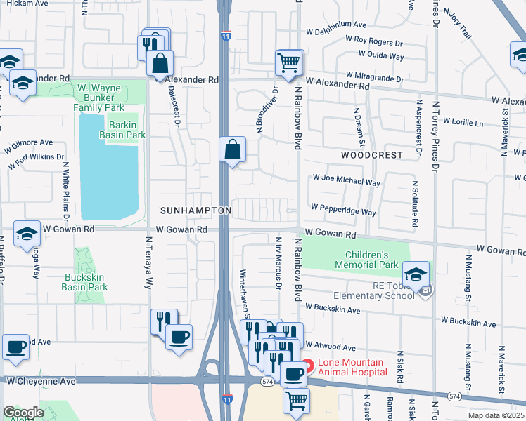 map of restaurants, bars, coffee shops, grocery stores, and more near 3605 Pintadas Street in Las Vegas