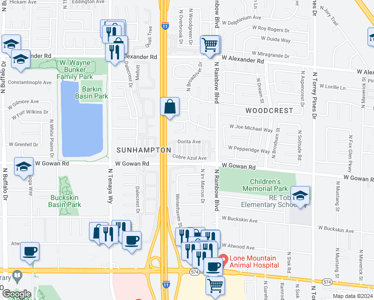 map of restaurants, bars, coffee shops, grocery stores, and more near 3605 Galatea Street in Las Vegas