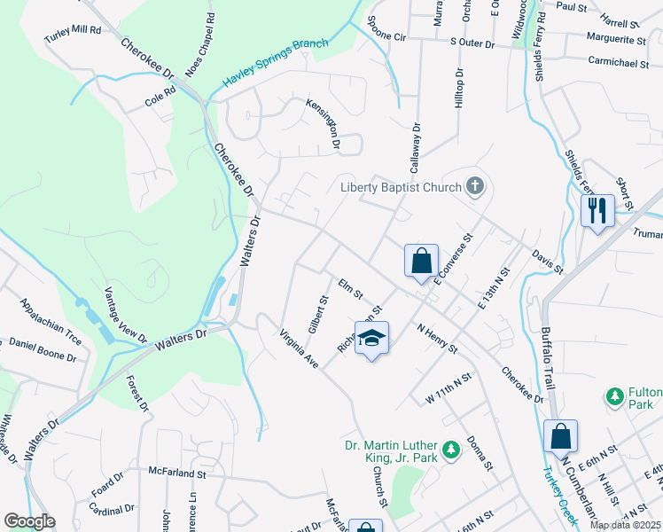map of restaurants, bars, coffee shops, grocery stores, and more near 1716 Elm St in Morristown