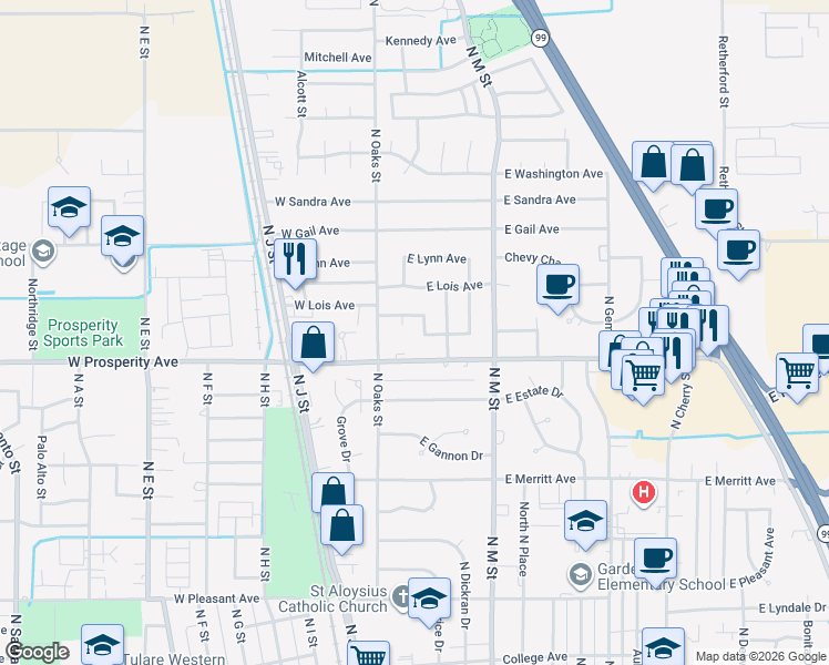 map of restaurants, bars, coffee shops, grocery stores, and more near 235 East Berkeley Avenue in Tulare