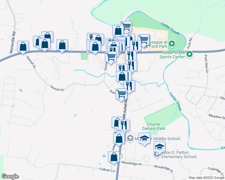 map of restaurants, bars, coffee shops, grocery stores, and more near 104 Sunset Drive in Mount Juliet
