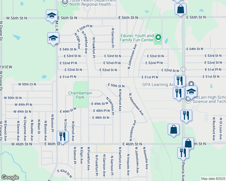 map of restaurants, bars, coffee shops, grocery stores, and more near 637 East 49th Place North in Tulsa