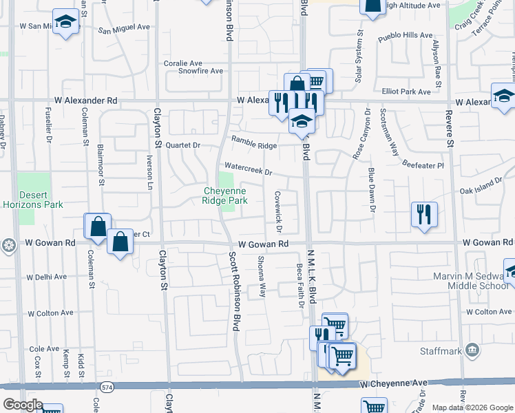 map of restaurants, bars, coffee shops, grocery stores, and more near 1707 Downs Brook Court in North Las Vegas