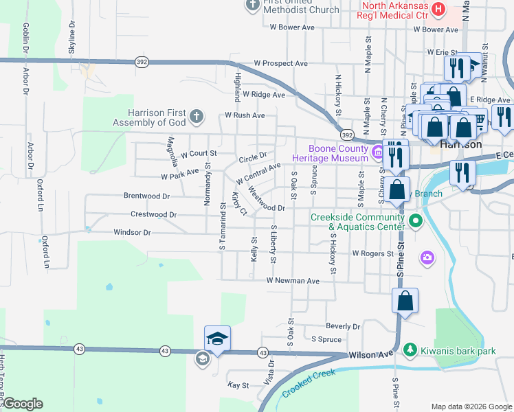 map of restaurants, bars, coffee shops, grocery stores, and more near 8 Westwood Drive in Harrison