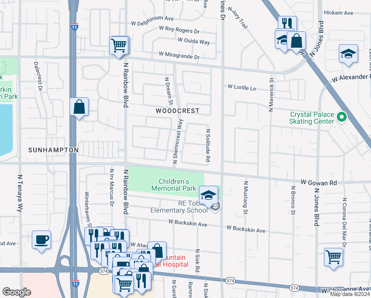 map of restaurants, bars, coffee shops, grocery stores, and more near 3621 North Broxburn Street in Las Vegas