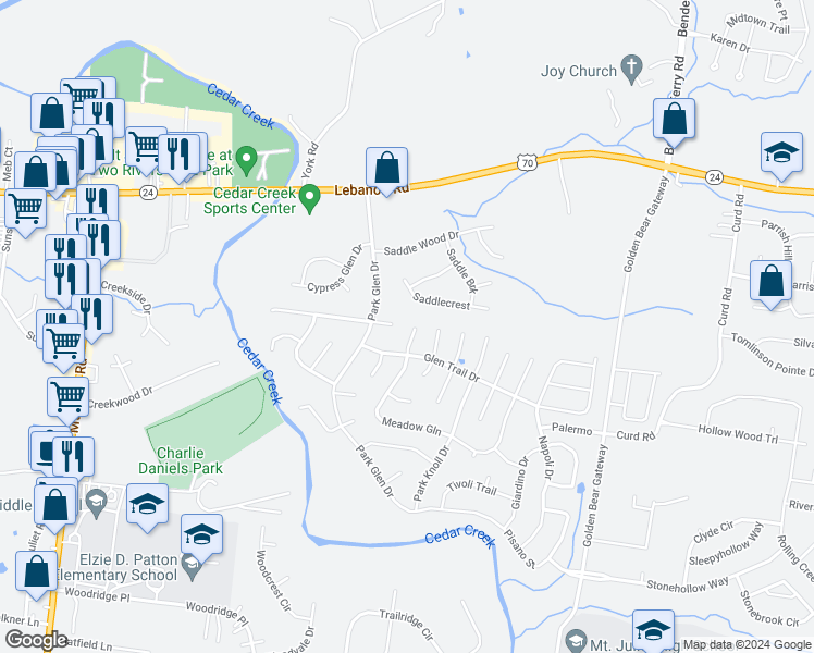 map of restaurants, bars, coffee shops, grocery stores, and more near 1807 Meadowglen Circle in Mount Juliet