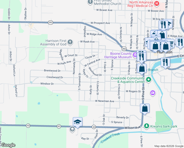 map of restaurants, bars, coffee shops, grocery stores, and more near 8 Westwood Drive in Harrison