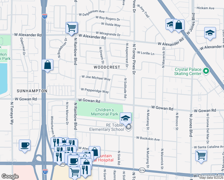map of restaurants, bars, coffee shops, grocery stores, and more near 3621 North Broxburn Street in Las Vegas