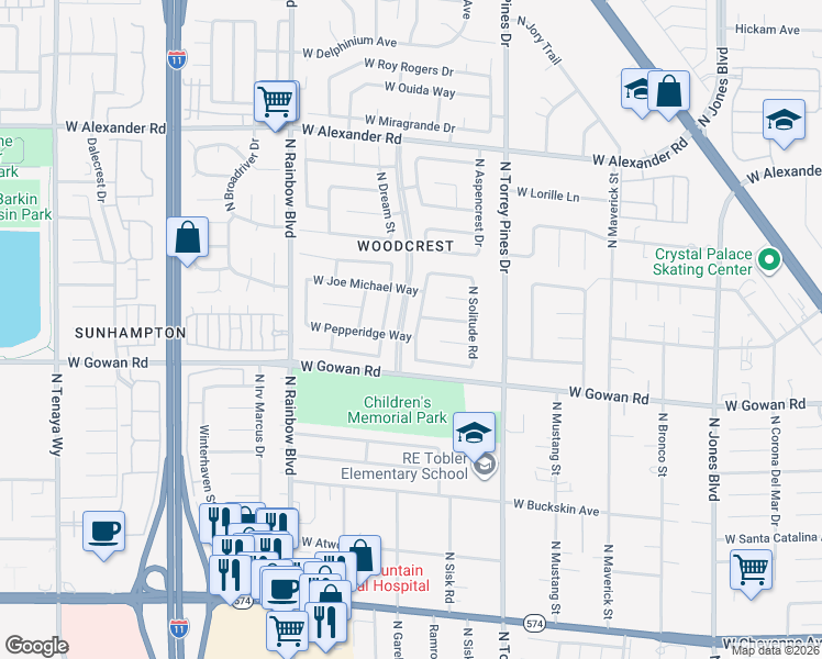 map of restaurants, bars, coffee shops, grocery stores, and more near 3620 North Broxburn Street in Las Vegas
