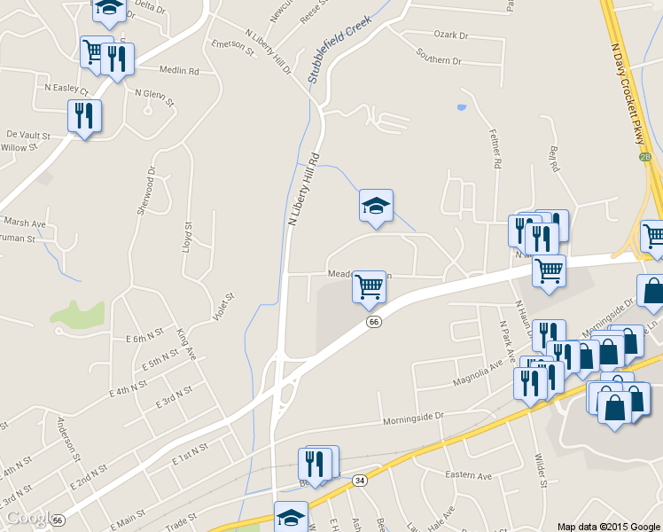 map of restaurants, bars, coffee shops, grocery stores, and more near 1625 Meadowview Lane in Morristown