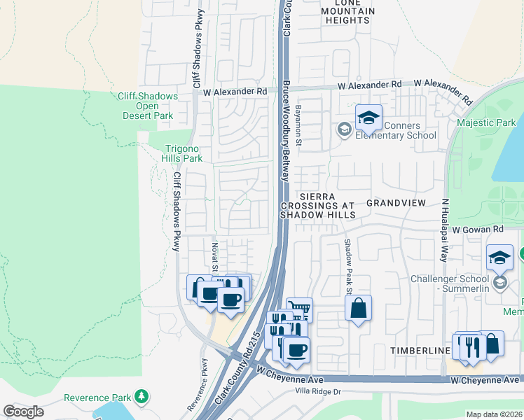 map of restaurants, bars, coffee shops, grocery stores, and more near 3636 Gainsville Street in Las Vegas