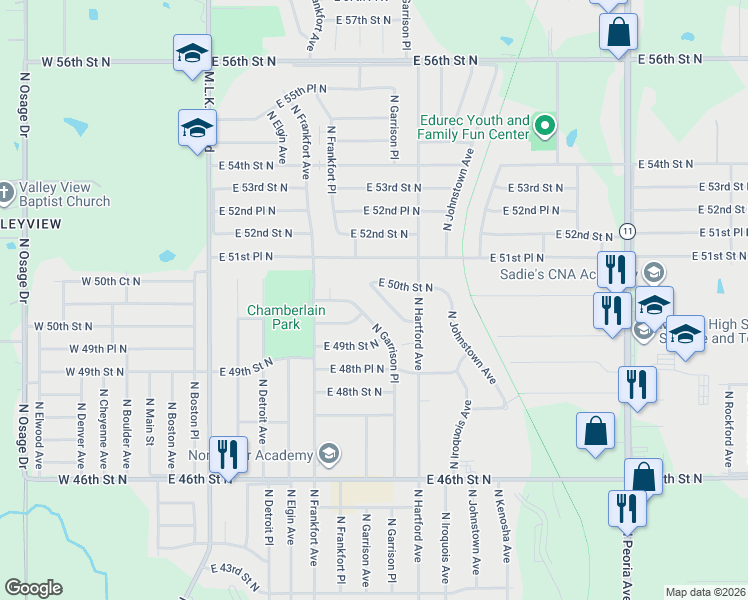 map of restaurants, bars, coffee shops, grocery stores, and more near 622 East 49th Place North in Tulsa