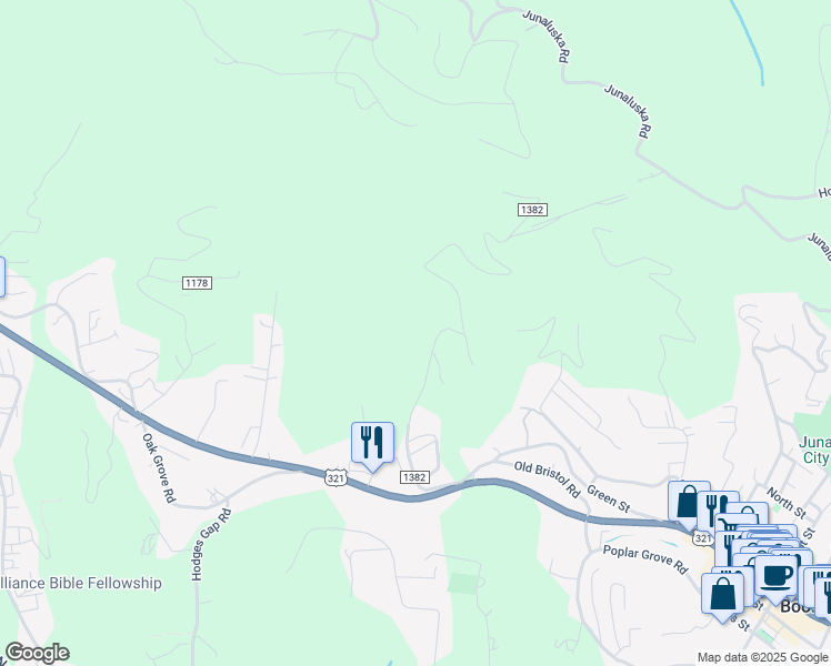 map of restaurants, bars, coffee shops, grocery stores, and more near 535 Pinnacle Drive in Boone