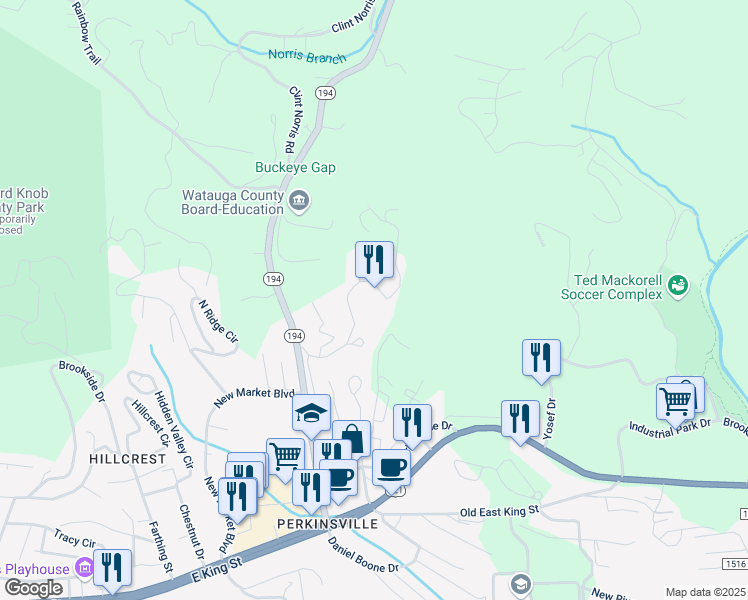 map of restaurants, bars, coffee shops, grocery stores, and more near 488 Fieldstream Dr in Boone