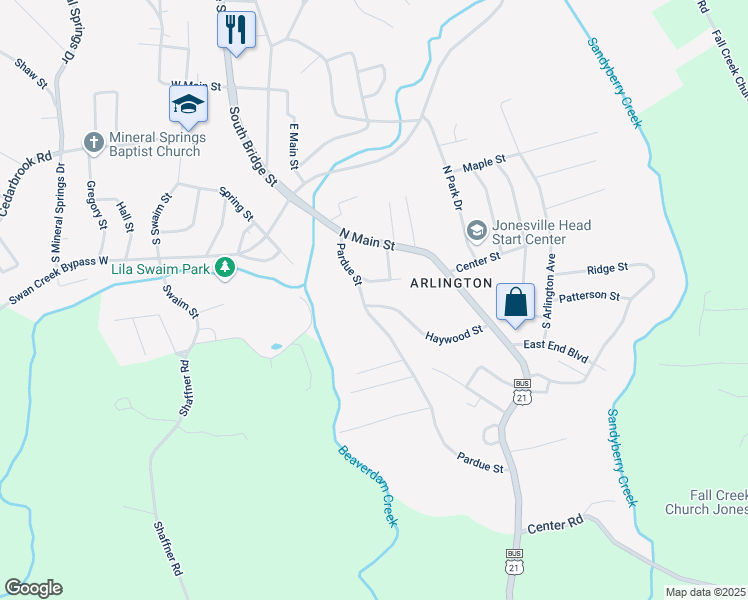 map of restaurants, bars, coffee shops, grocery stores, and more near 305 Haywood Street in Jonesville
