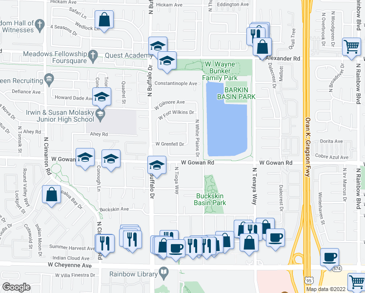 map of restaurants, bars, coffee shops, grocery stores, and more near 7421 West Grenfell Drive in Las Vegas