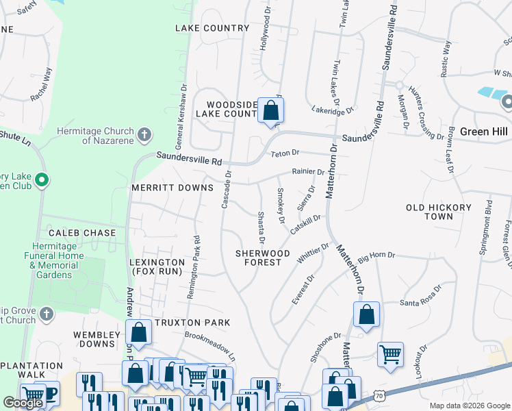 map of restaurants, bars, coffee shops, grocery stores, and more near 4869 Shasta Drive in Nashville