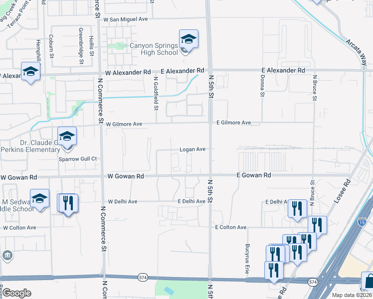 map of restaurants, bars, coffee shops, grocery stores, and more near Logan Avenue in North Las Vegas