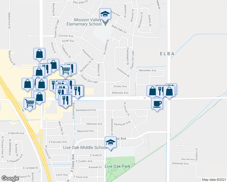 map of restaurants, bars, coffee shops, grocery stores, and more near 1730 Malvasia Avenue in Tulare