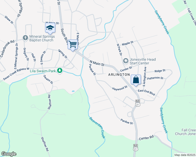 map of restaurants, bars, coffee shops, grocery stores, and more near 305 Haywood Street in Jonesville