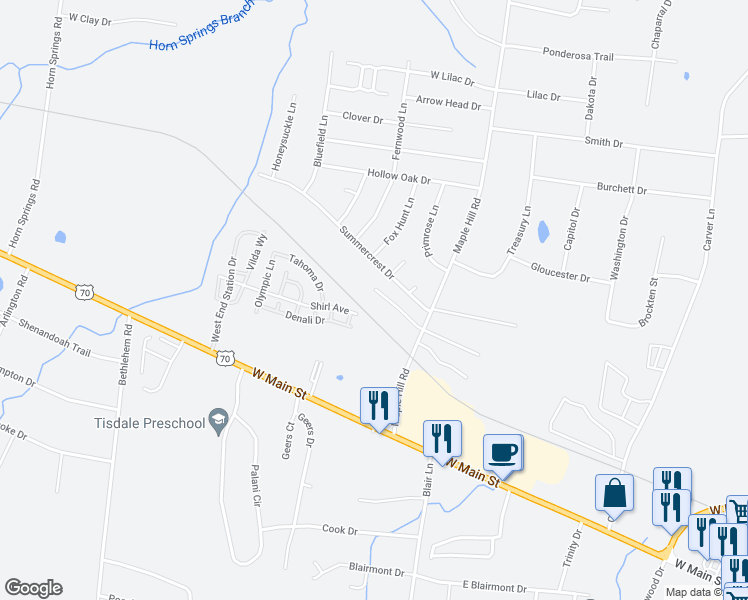 map of restaurants, bars, coffee shops, grocery stores, and more near 1710 Summerfield Drive in Lebanon