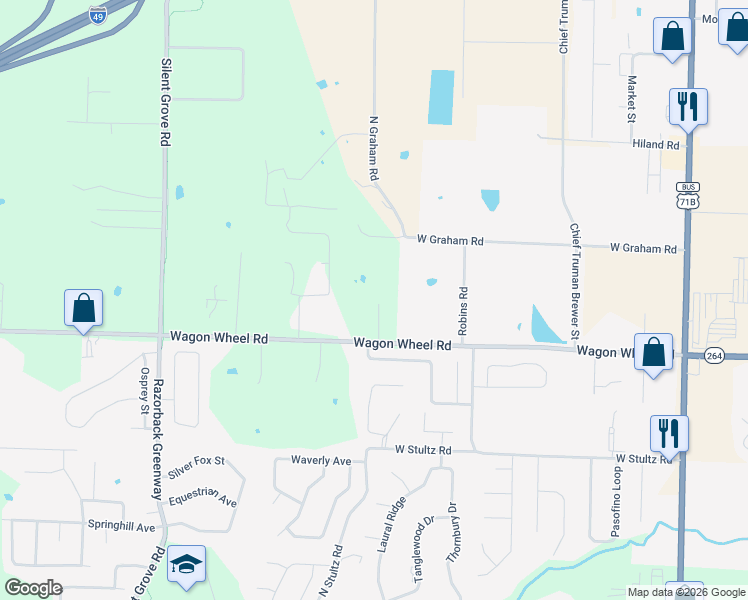 map of restaurants, bars, coffee shops, grocery stores, and more near 4654 Carriage Lane in Springdale