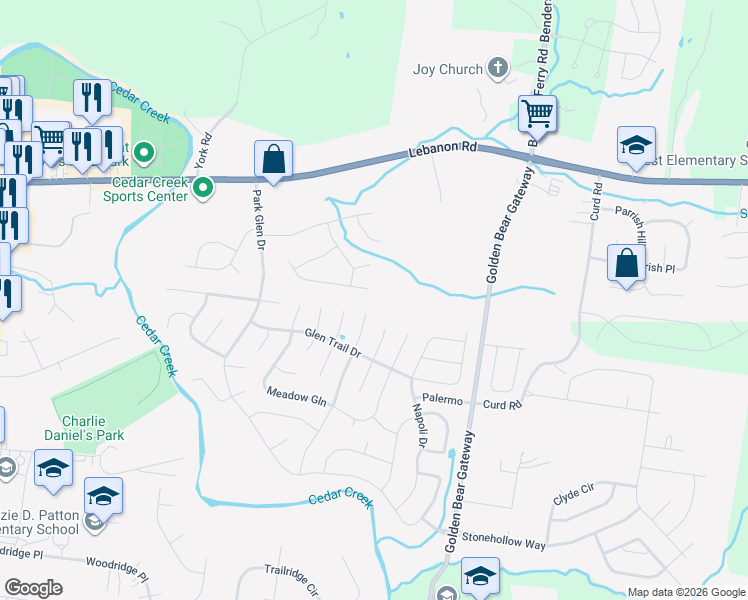 map of restaurants, bars, coffee shops, grocery stores, and more near 1442 Saddle Creek Drive in Mt. Juliet