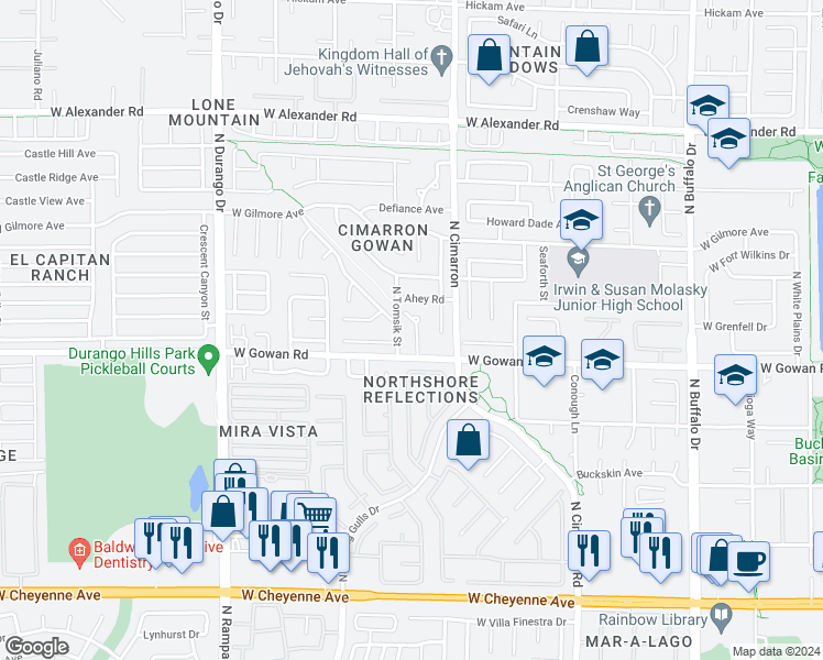 map of restaurants, bars, coffee shops, grocery stores, and more near 3621 Julia Waldene Court in Las Vegas