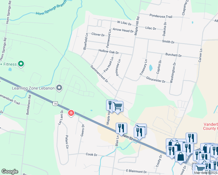 map of restaurants, bars, coffee shops, grocery stores, and more near 1705 Summerfield Drive in Lebanon