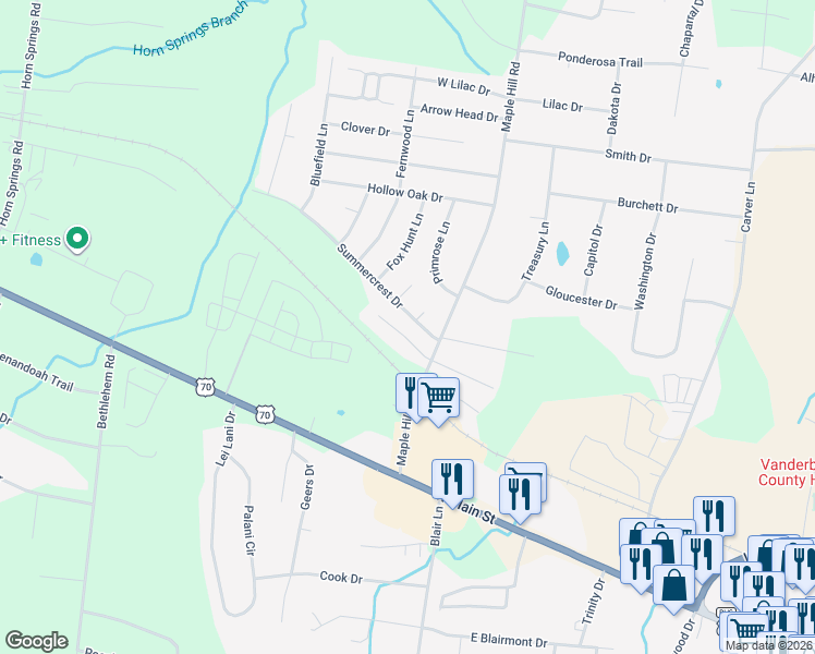 map of restaurants, bars, coffee shops, grocery stores, and more near 1705 Summerfield Drive in Lebanon