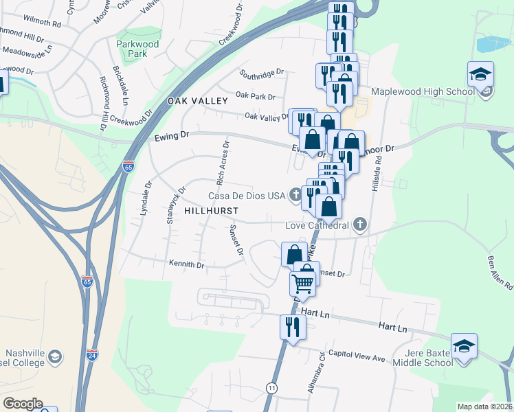 map of restaurants, bars, coffee shops, grocery stores, and more near 2928 Hillhurst Drive in Nashville