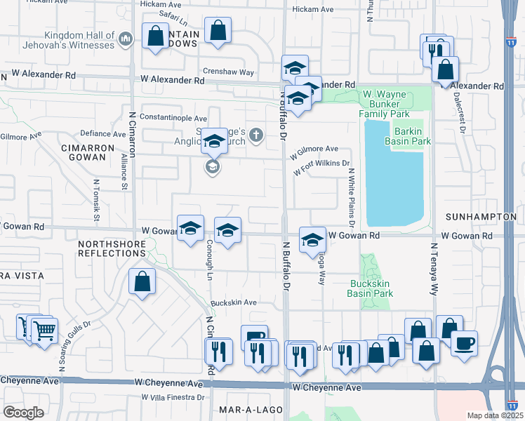 map of restaurants, bars, coffee shops, grocery stores, and more near 7633 Winterthur Court in Las Vegas