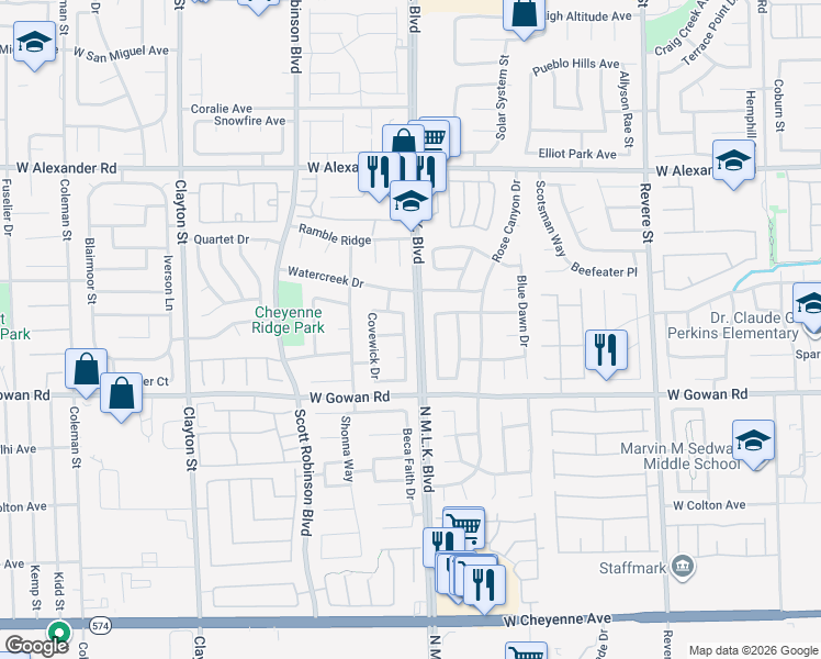 map of restaurants, bars, coffee shops, grocery stores, and more near 1519 Bradfox Lane in North Las Vegas