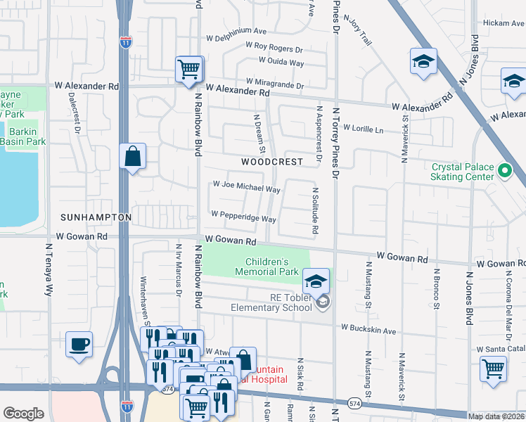 map of restaurants, bars, coffee shops, grocery stores, and more near 6537 West Pepperidge Way in Las Vegas