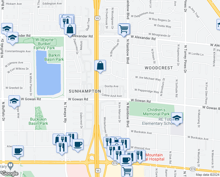 map of restaurants, bars, coffee shops, grocery stores, and more near 3605 Galatea Street in Las Vegas