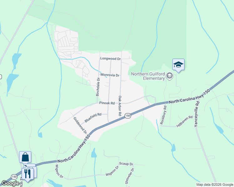 map of restaurants, bars, coffee shops, grocery stores, and more near 8103 Oak Arbor Road in Greensboro