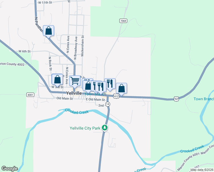 map of restaurants, bars, coffee shops, grocery stores, and more near 366 U.S. 62 in Yellville