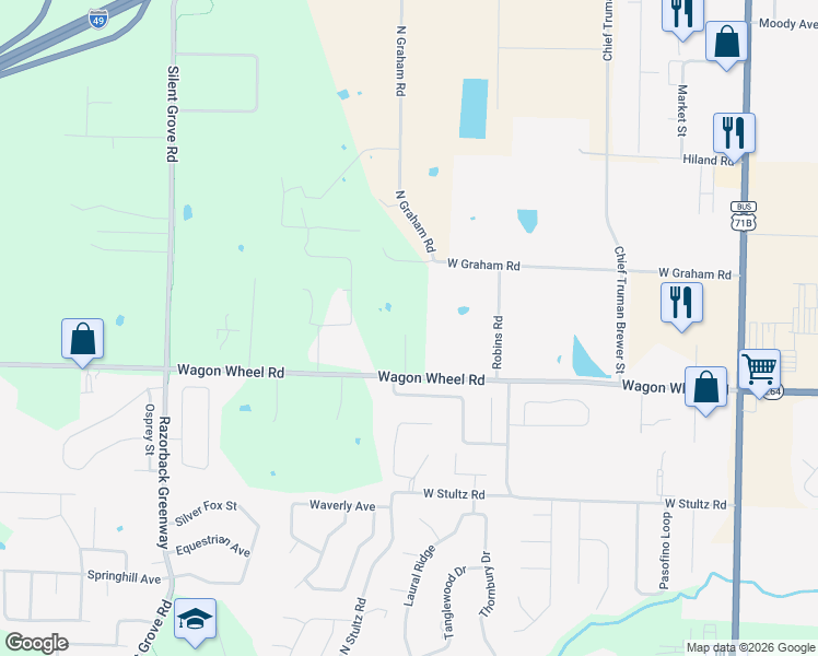 map of restaurants, bars, coffee shops, grocery stores, and more near 4661 Carriage Lane in Springdale