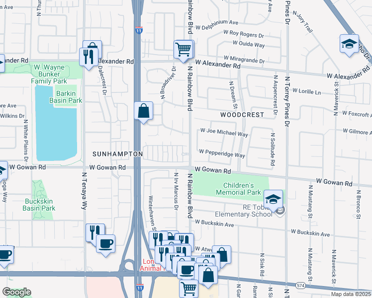 map of restaurants, bars, coffee shops, grocery stores, and more near 6701 Dorita Avenue in Las Vegas