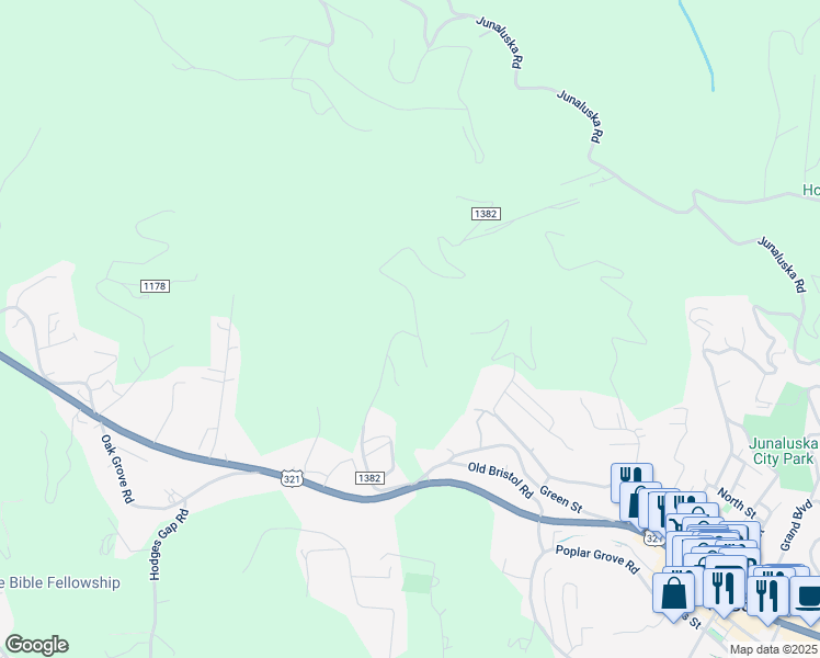 map of restaurants, bars, coffee shops, grocery stores, and more near 593 Pinnacle Drive in Boone