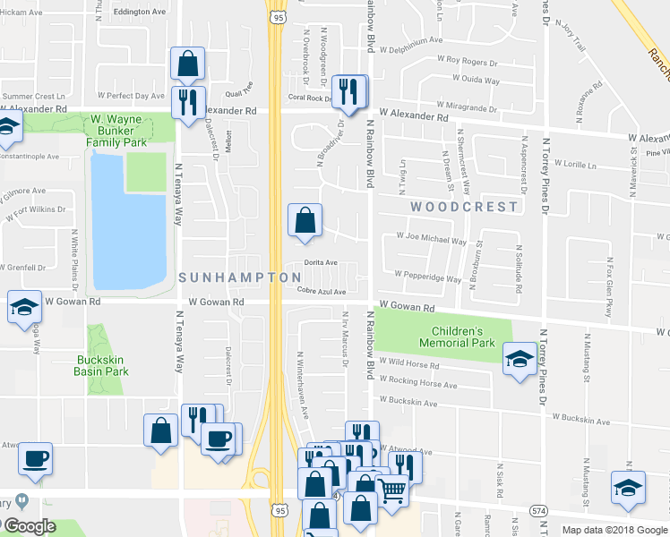 map of restaurants, bars, coffee shops, grocery stores, and more near 3608 Pintadas Street in Las Vegas