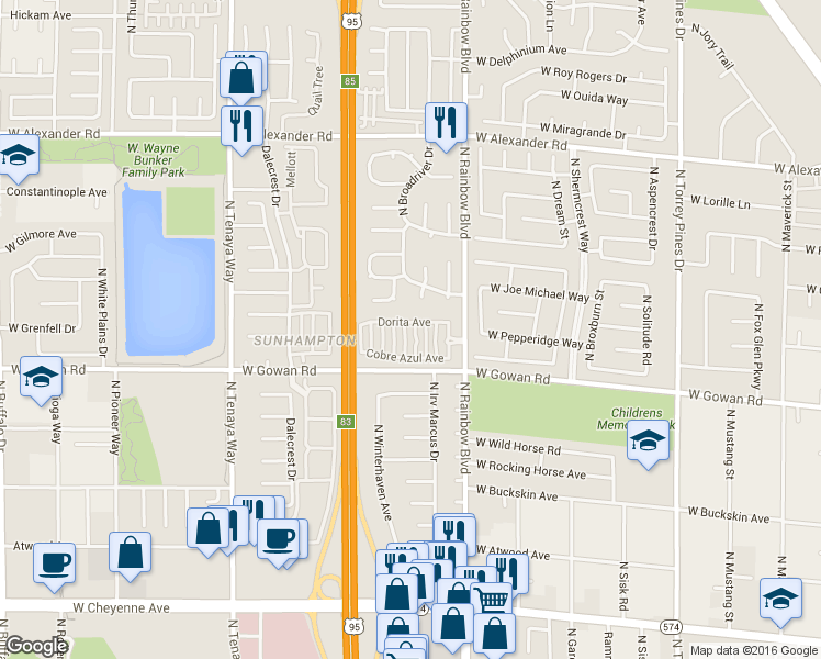 map of restaurants, bars, coffee shops, grocery stores, and more near 3609 Pintadas Street in Las Vegas